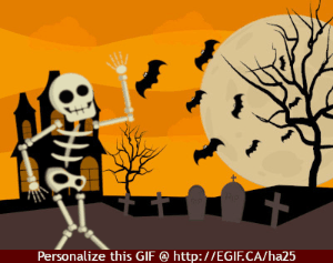 Skeleton Presenting a Halloween Invite gif